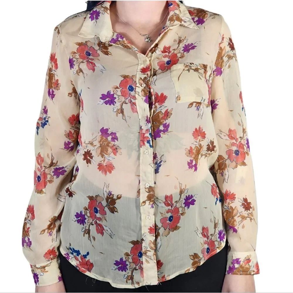 AMERICAN RAG Cream Floral Button Down Long Sleeve Blouse